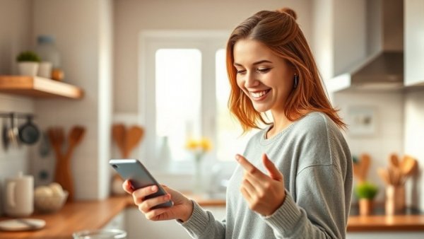 Young woman checking smart home security features from her phone in a modern kitchen.