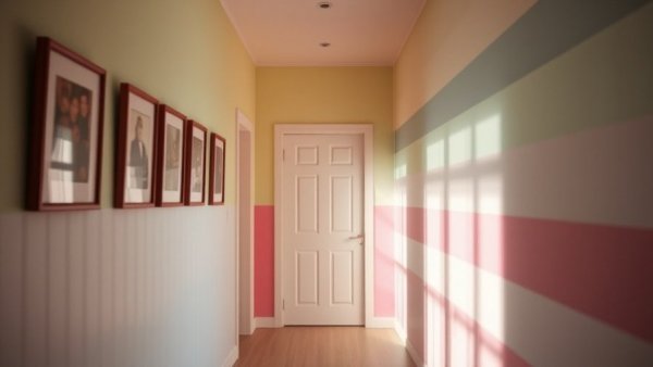 Master suite hallway before transformation with colorful striped walls.