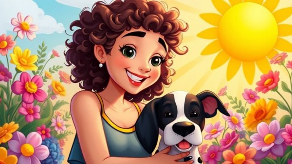 Vibrant cartoon showing micro-moments of joy with woman and dog.