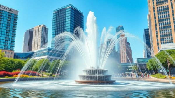 Urban park with fountain and modern buildings, San Diego County communication modernization setting.