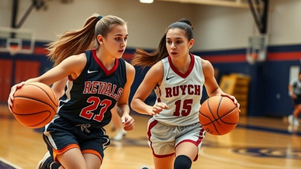 Intense Orange County girls basketball game action in high school gym.