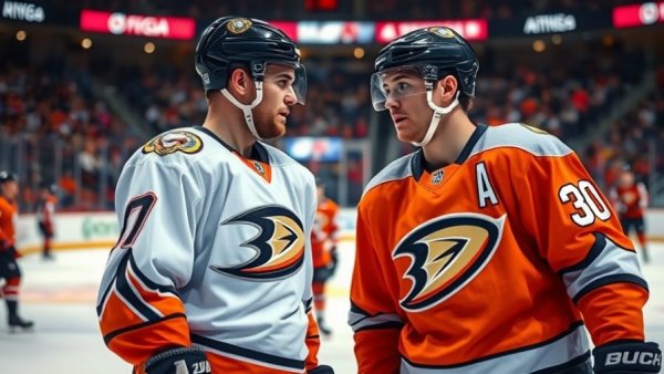 Ducks players in intense conversation, ice hockey action.