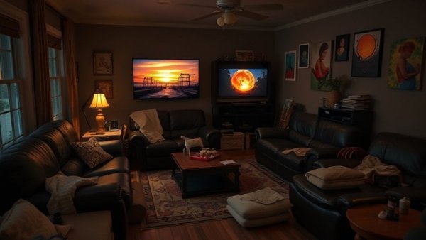Living room before home staging transformation, cluttered space.