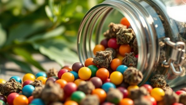 Hemp products including candy and buds for natural stress relief.