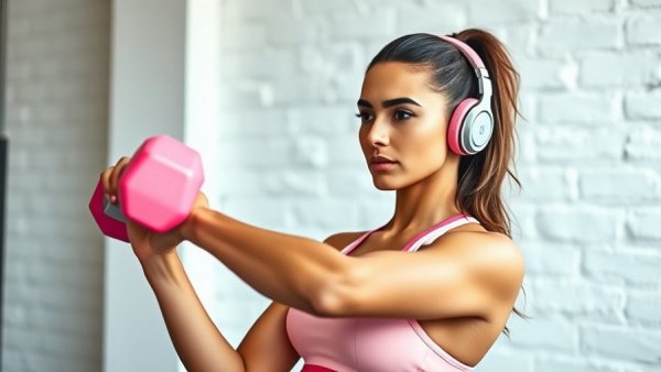 Fit woman lifting pink dumbbell in gym for Love Sweat Fitness reviews.