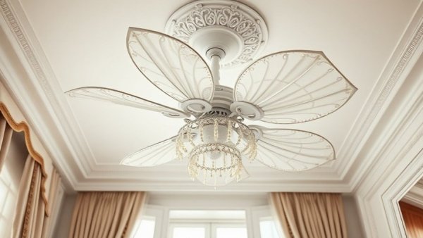 Affordable fandelier installation with white beaded design on ceiling