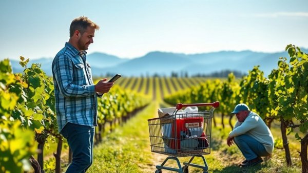 AI Healthcare for Homeless Population: Men in vineyard with supplies and technology.