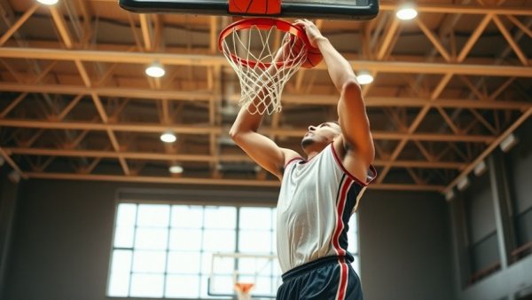 Crean Lutheran basketball player making powerful dunk, intense action.