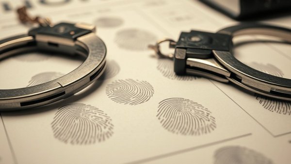 Metal handcuffs on a fingerprint sheet related to Long Beach homeless camp murders.