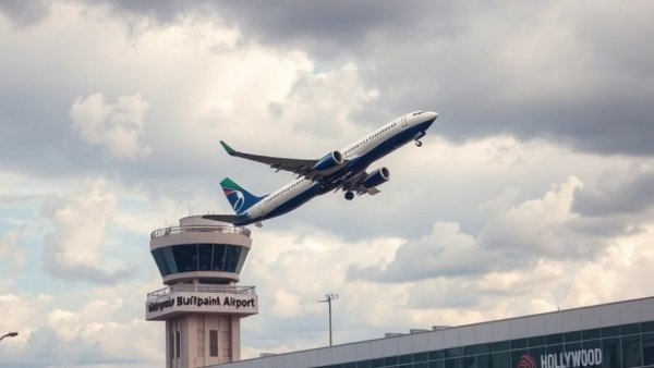 Airplane taking off near Hollywood Burbank Airport tower, cloudy sky.