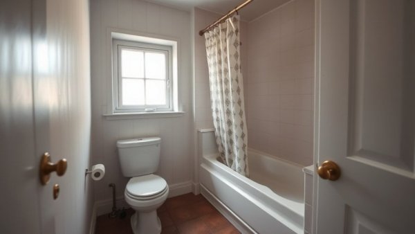 Outdated bathroom before budget renovation with white fixtures.