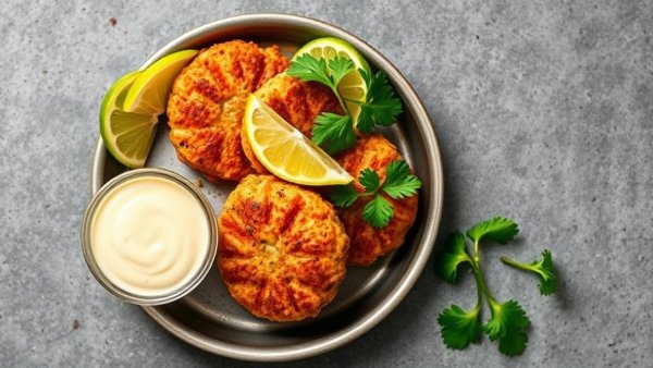 Kid-friendly salmon patties served with parsley and lime.