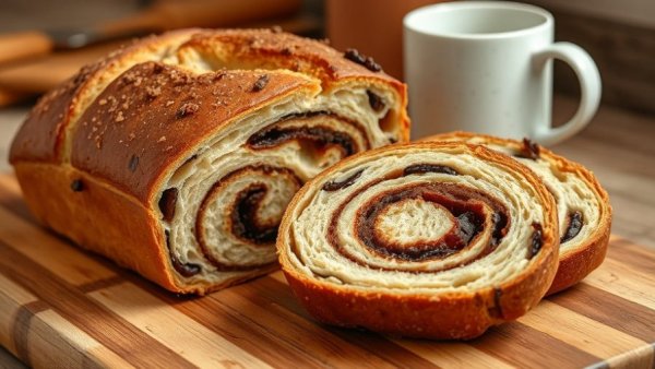 Fresh cinnamon raisin swirl artisan bread with coffee.