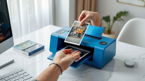 Best Way to Digitize Old Photos: A modern scanner in use on a marble desk.
