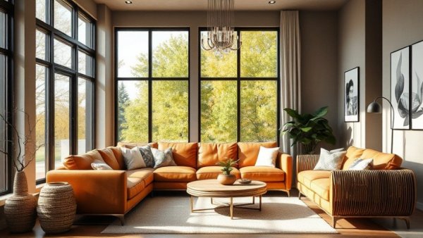 2026 home color trends in a modern living room with tan leather sofa.