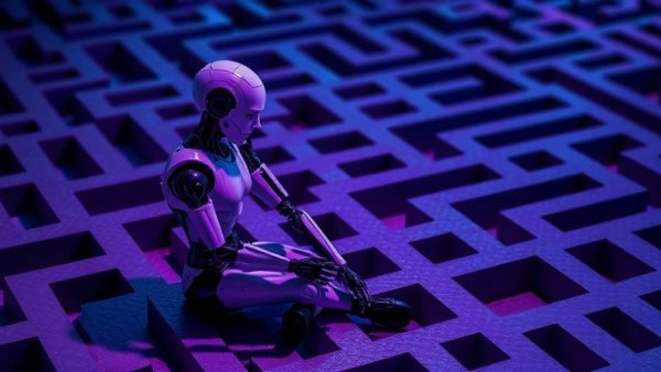 Futuristic humanoid robot in a purple maze representing smart home security threats.