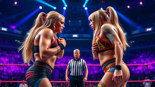 Intense wrestling match face-off in vibrant arena lighting.