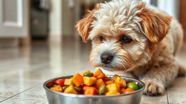 Curious dog with homemade dog food in a bowl, healthy recipe.