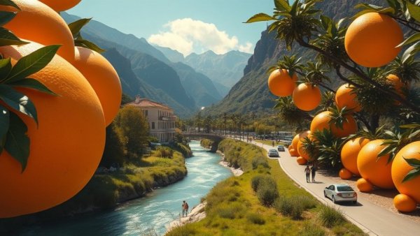 Surreal California landscape with oranges and water for safety