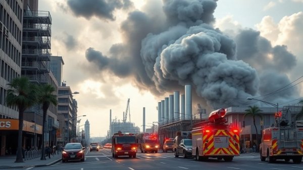 South El Monte warehouse fire billowing smoke over street, emergency response.