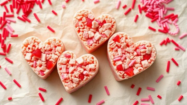 Heart-shaped strawberry rice krispie treats