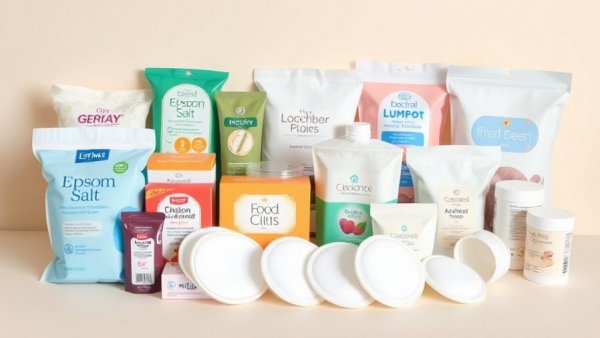 Postpartum recovery essentials layout with Epsom salt, nursing items.