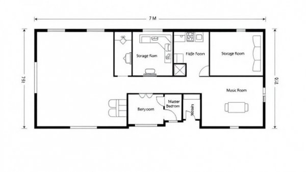 Floor plan with labeled rooms and dimensions for bedroom storage solutions.