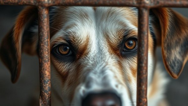 Close-up of a sad dog behind bars highlighting dog adoption risks.