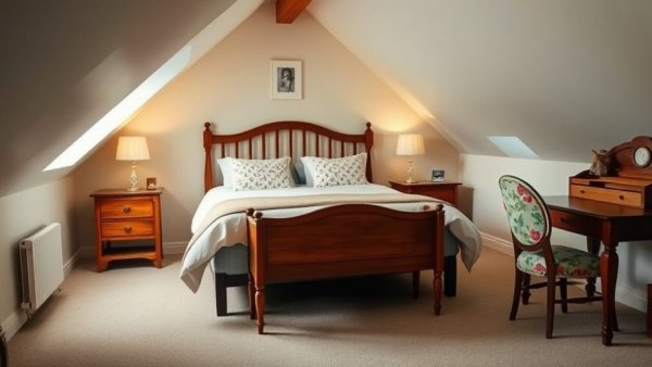 Cozy bedroom with sloped ceiling and vintage decor, including a wooden bench and floral desk chair, softly lit by natural light.