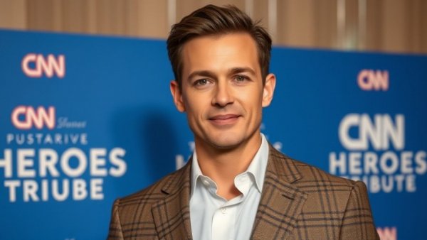Man at CNN Heroes event in plaid blazer, neutral mood.