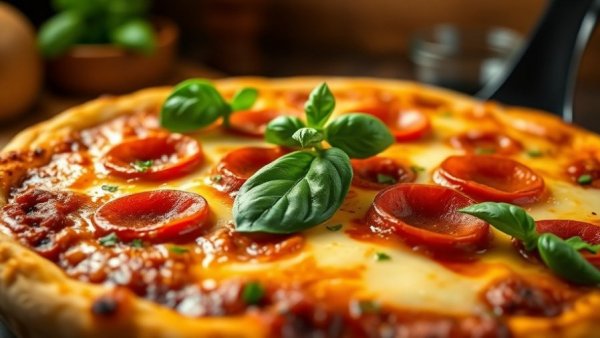 Hot honey pepperoni pizza dip with basil and bread.