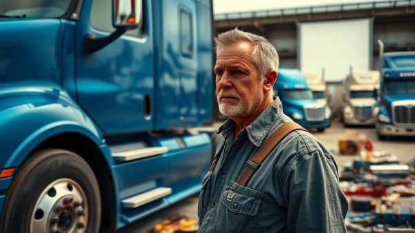Truck driver contemplating in yard amid canceled trucking licenses Bakersfield.