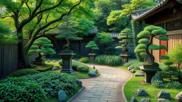 Serene Japanese garden with bonsai, a romantic place in California.