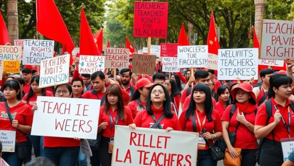 LAUSD teachers union strike protest with banners and signs.