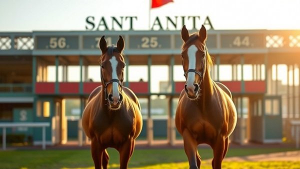 Santa Anita horse racing track with horses at starting gate.