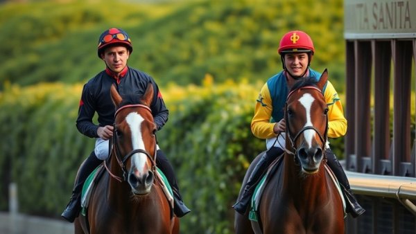 Jockeys at Santa Anita horse racing starting gate during evening.