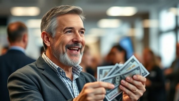 Man discussing economic topic at event, holding cash, highlighting California Wealth Tax Impact.