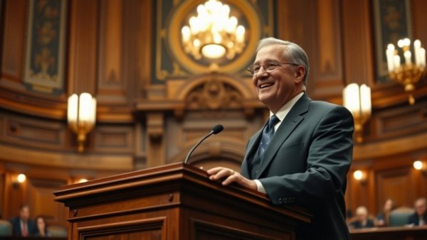 Distinguished speaker in formal setting, delivering speech, bankruptcy solution discussion.