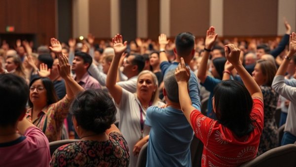 Congregation raising hands in prayer, related to Haitian Temporary Protected Status.