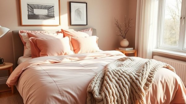 Cozy Earth Valentine's Day Deals: warm bedroom with pink duvet and knit blanket.