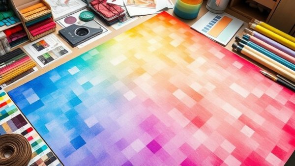 Colorful gradient paper in home design workspace with fabrics.
