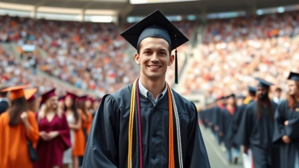 Community college graduation ceremony in California with graduates and spectators.