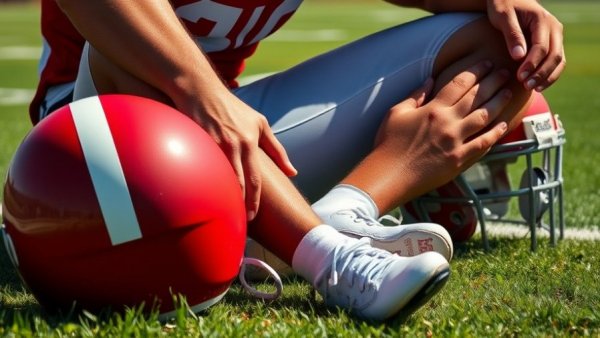 NFL player seated on field holding knee. Helmet, football nearby.