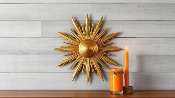 Golden sunburst wall decor with candle on wood backdrop.