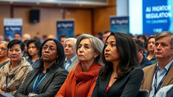 Diverse group discusses AI Regulation California at a conference.
