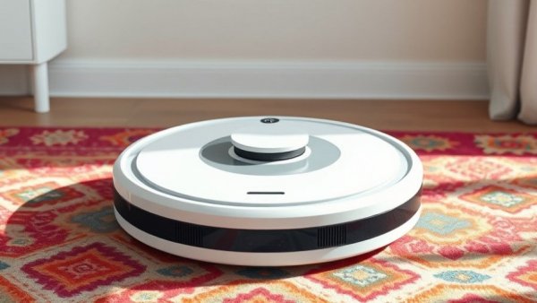 Sleek self-emptying robot vacuum on a patterned rug in a modern setting.