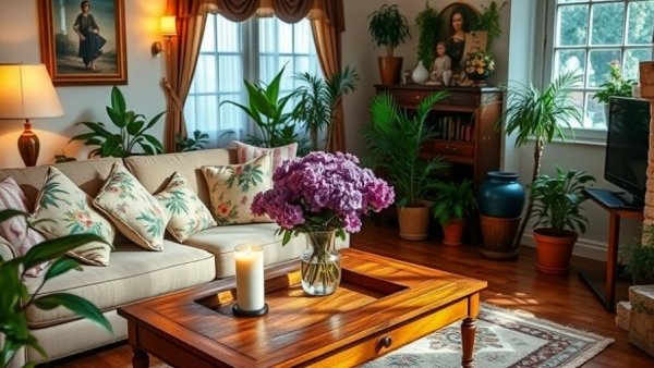 Cozy living room with tropical home fragrances, elegant decor.