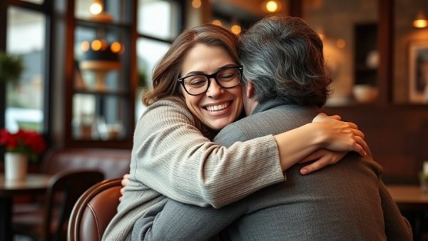 Joyful embrace in cafe setting with warm lighting, friendship scene.