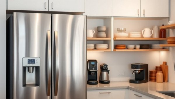 Modern kitchen with organized fridge and storage solutions.