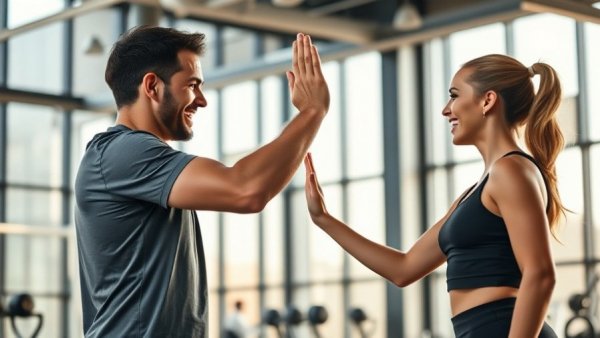 Energetic trainer and confident woman high-fiving in a gym, Ozempic and Body Positivity Issues.